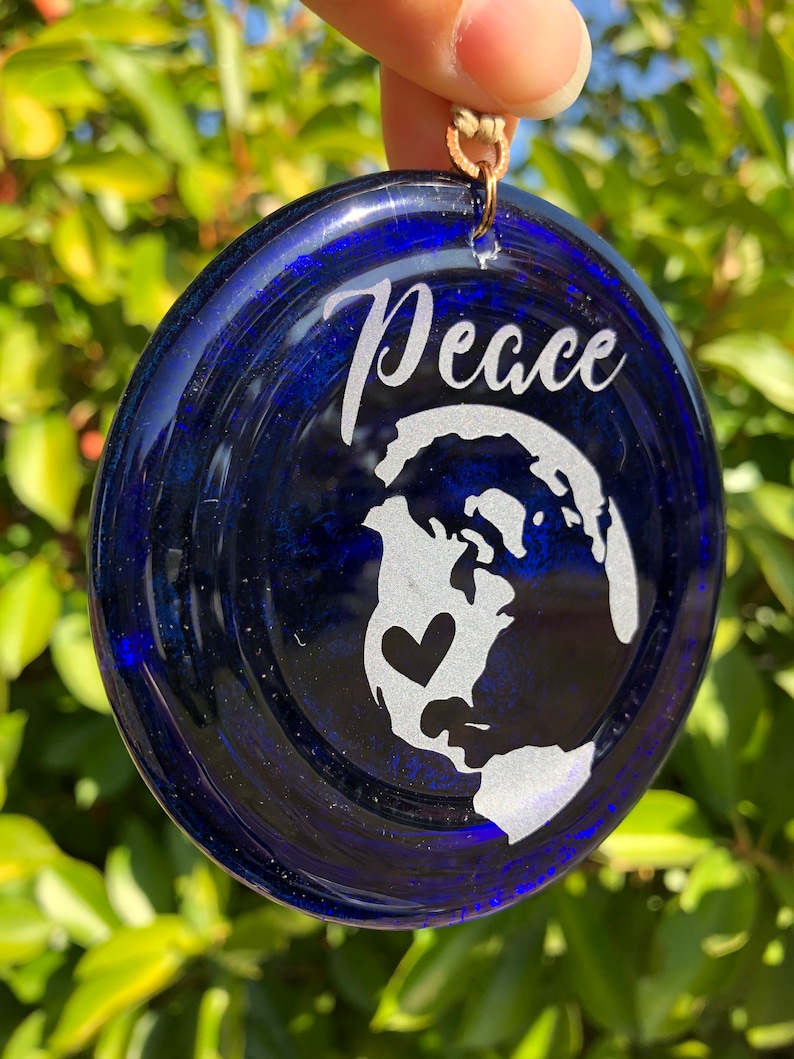 Melted Wine Bottle Upcycle Recycle Charm Christmas Pendent Blue Peace Earth Heart Recycled Wine Bottle Sun Catcher Ornament