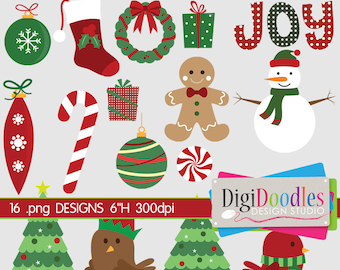 Holiday Christmas Clip Art Collection Snowman Tree Joy Gingerbread Digital Clip Art Design Clipart Commercial Use PNG Vector Graphics Images
