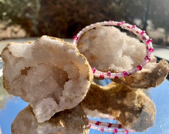 Pink and White Seed Bead Memory Wire Bracelet