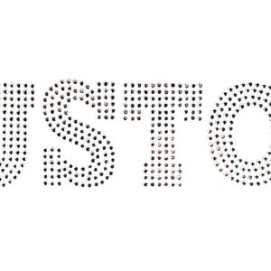 May include: The word "CUSTOM" spelled out in sparkling rhinestones. The letters are outlined with clear, round rhinestones, and the centers are filled with smaller, black rhinestones. The design is set against a plain white background.