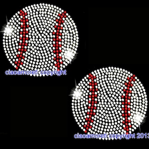 May include: Two white and red baseball-shaped rhinestone iron-on patches. The patches are made of small white rhinestones with red rhinestone stitching. The text "ciaoamoreti copyright" is visible at the bottom of the image.