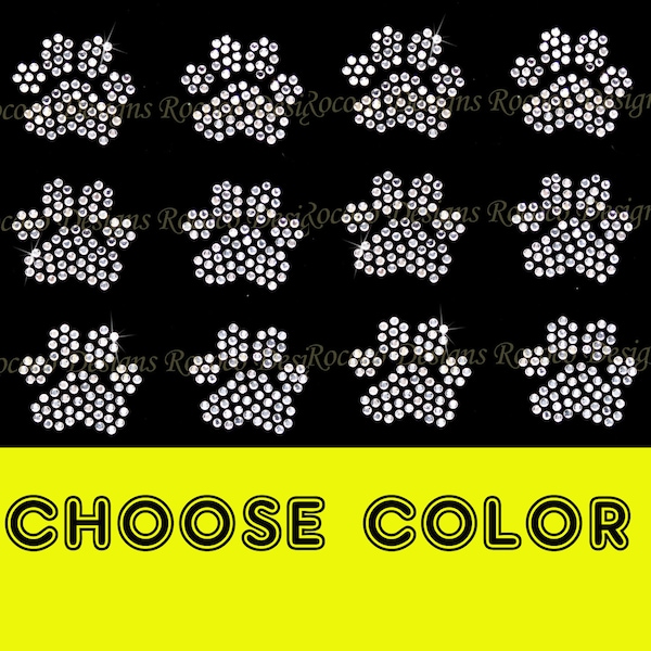 CHOOSE COLOR-  Set of 12 small paws rhinestone iron on transfer paws bling DIY
