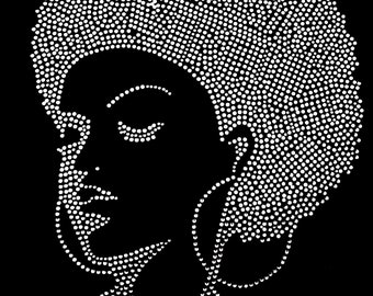 Large Afro Hair Lady Rhinestone Iron On Transfer Decal Size 9" X 11"  DIY