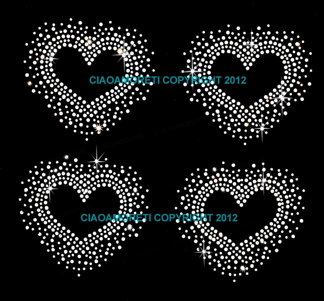 Set of 4 Hearts Clear Rhinestone Iron on Hotfix Transfer Valentine Love ...