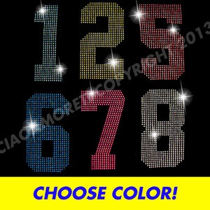 7.5&quot; tall large jersey number-Pick any number 0 to 9 - Choose color- rhinestone iron on transfer bling DIY