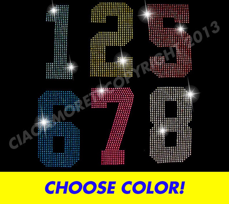 7.5 tall large jersey number-Pick any number 0 to 9 Choose color rhinestone iron on transfer bling DIY image 1