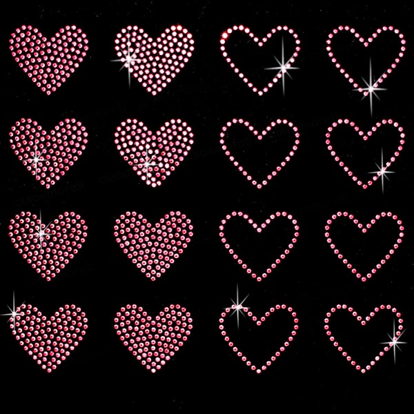 Set of 16 pink hearts rhinestone stud iron on transfer - BUY 2, GET 1 FREE
