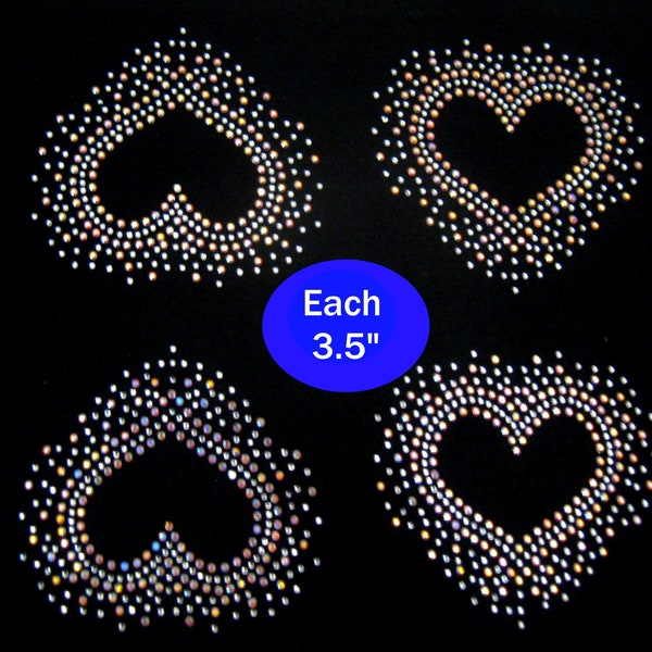 Set of 4  hearts clear AB rhinestone iron on hotfix transfer -3.5 inches