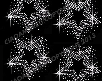 Set of 4  stars clear rhinestone iron on hotfix transfer -4 inches