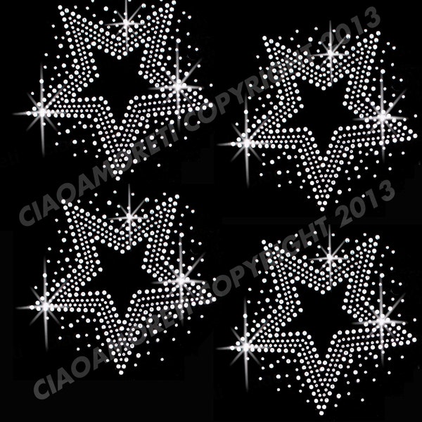 Set of 4  stars clear rhinestone iron on hotfix transfer -4 inches