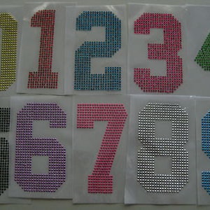 May include: Ten iron-on rhinestone numbers, each measuring approximately 2 inches tall. The numbers are in various colors, including black, silver, gold, pink, purple, blue, and green.