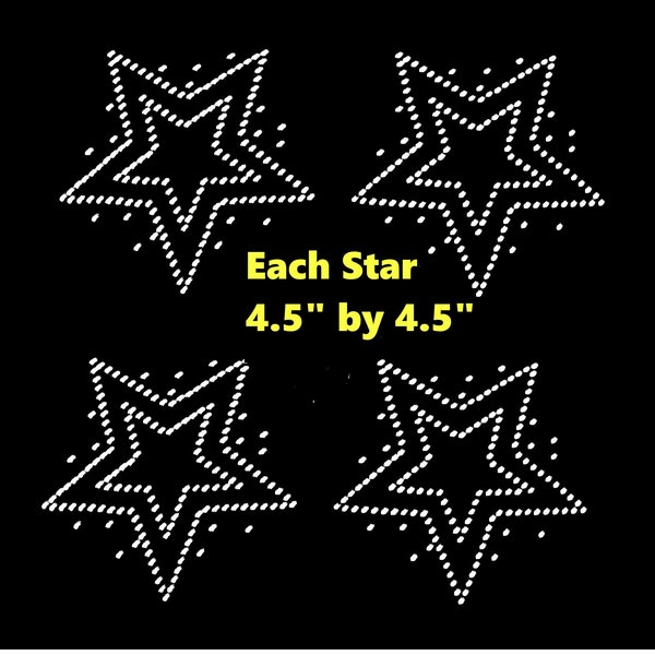 Set of 4  stars clear rhinestone iron on hotfix transfer -Each 4.5X4.5 inches