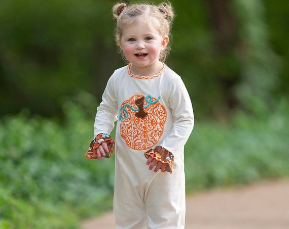 Orange Pumpkin Patch Floral Autumn Romper