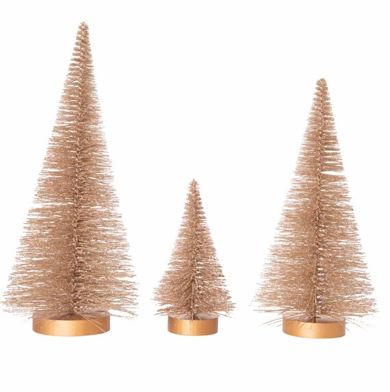 Set of 3 glitter Bristle Trees on Wood Base