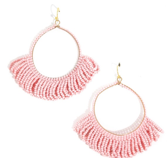 Seed Beaded Fringe Hoop Drop Earring