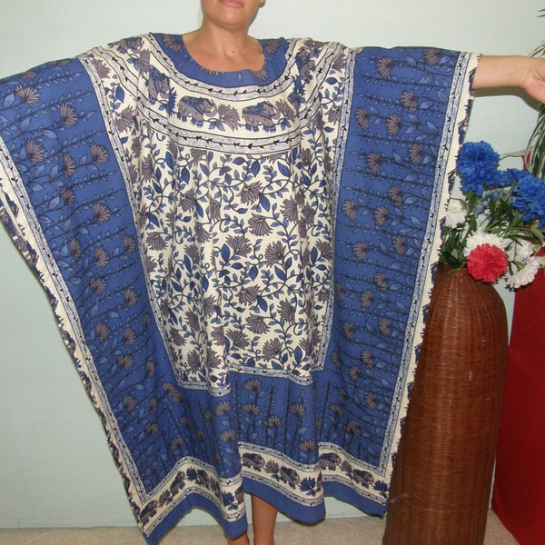 Blue Elephant Kaftan - Plus Size Indian Cotton Caftan Kaftan Poncho or Dress in Blues - Elephants on the borders - Nice and long Plus Size