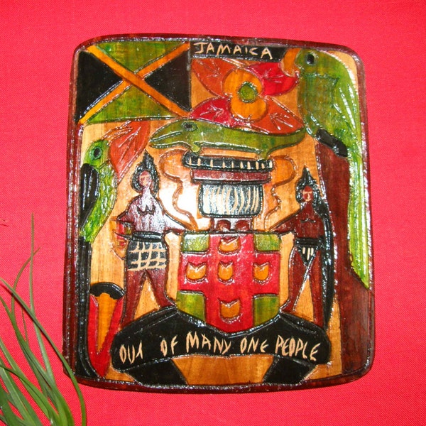 JAMAICA WOOD PLAQUE Vintage Primitive Wood Carving - Native man and woman, birds, giant lizard, Jamaican flag