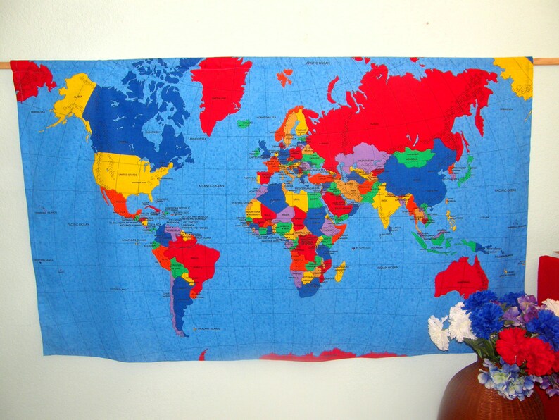 World Map Wall Hanging Countries Capitals Oceans Students School Old Folks Science Geography Almost 5 Wide