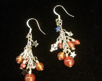 Carnelian cluster earrings, orange drop earrings, gemstone earrings, star earrings,