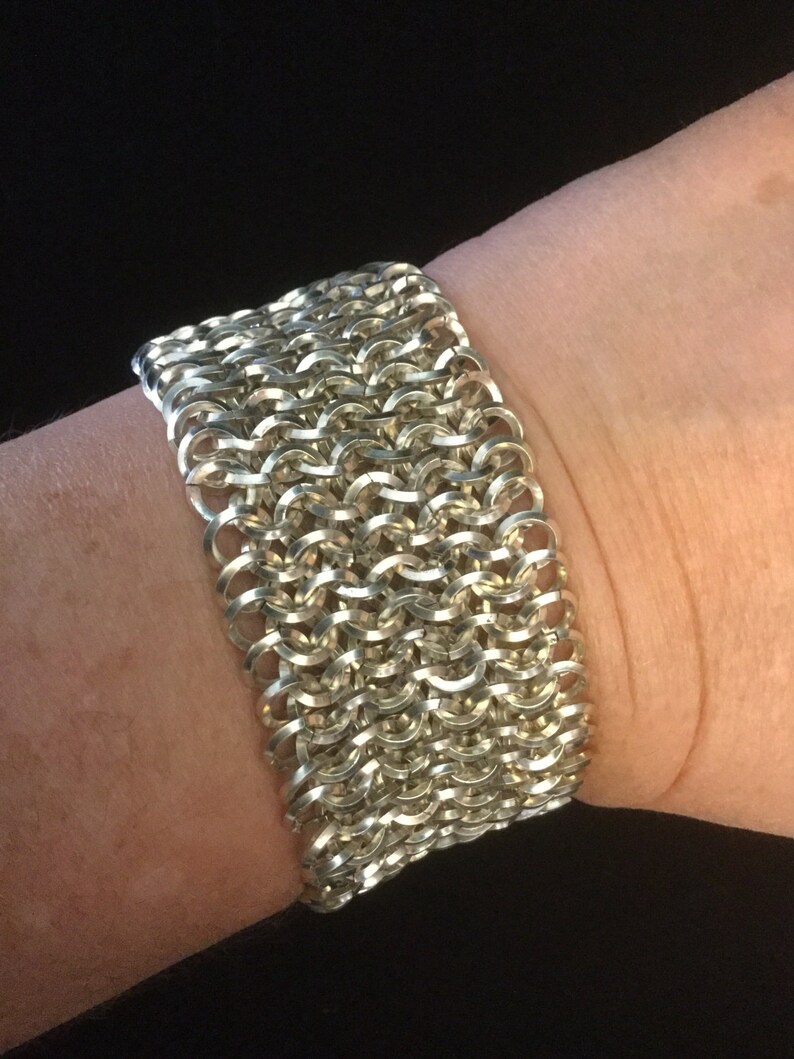 Silver Square Wire Chainmail Bracelet, Wide Mesh Cuff Bracelet