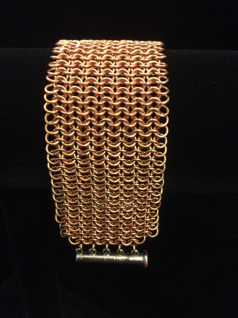 handmade copper chainmaille bracelet, Copper chain mail cuff bracelet wide mesh cuff bracelet
