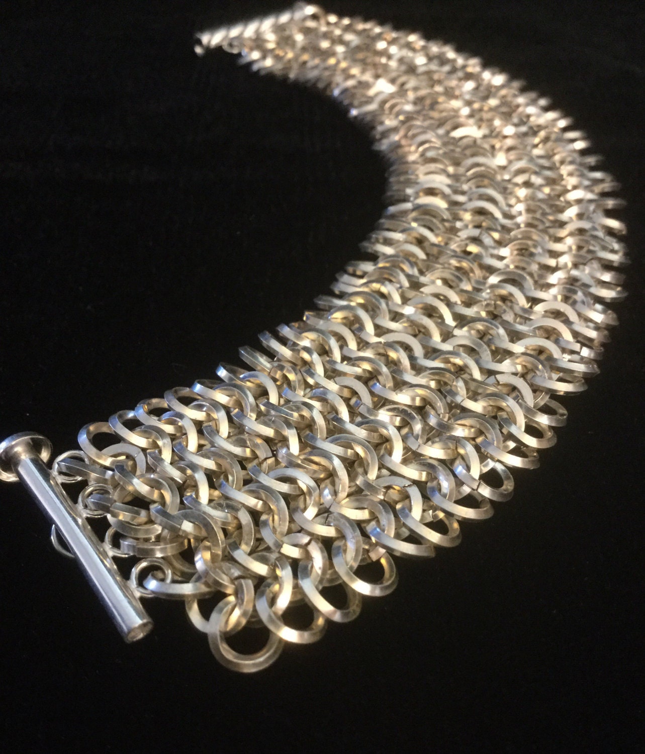 Silver square wire chainmail  bracelet, wide mesh cuff bracelet, chainmaille  bracelet, statement jewelry,