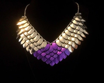 Purple and silver Goddess scale mail bib necklace, goddess chainmaille statement necklace, aluminum chainmail jewelry