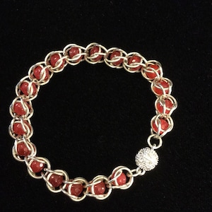 Ruby bead chain mail bracelet, sterling silver Chain maille bracelet, silver chainmail jewelry,captured bead jewelry, caged bead