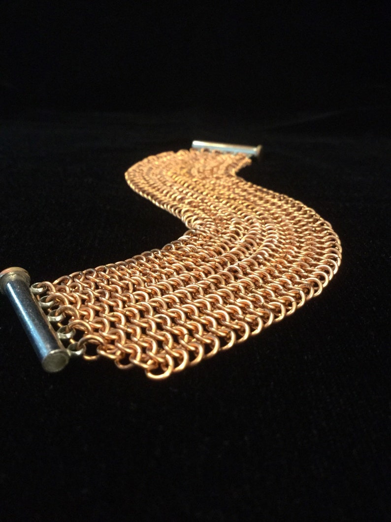 handmade copper chainmaille bracelet, Copper chain mail cuff bracelet wide mesh cuff bracelet