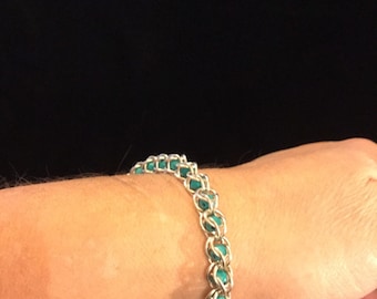 Turquoise and silver chainmail bracelet, sterling silver Chainmaille bracelet, beaded chain mail jewelry, silver and turquoise jewelry,