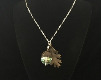 Crystal Acorn pendant, oak leaf necklace,  acorn necklace, long crystal acorn necklace, crystal pendant, crystal jewelry, nature jewel