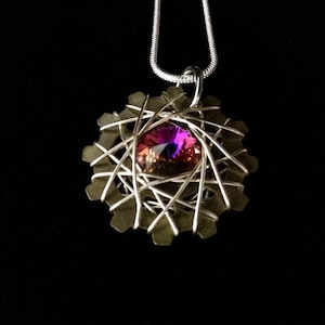 Steampunk necklace, gear and crystal necklace, wire wrapped gear necklace ,