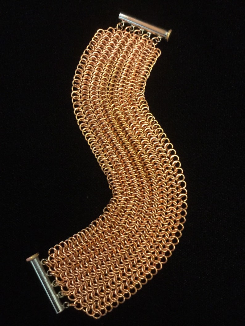 handmade copper chainmaille bracelet, Copper chain mail cuff bracelet wide mesh cuff bracelet