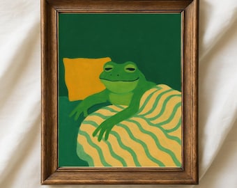 Impresión artística de rana verde esmeralda, arte mural animal moderno, decoración retro caprichosa para el hogar, obra de arte estética