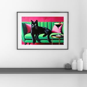 黒猫のウォールアート、エスプレッソ マティーニ プリント、特大抽象ポスター、バー カート カクテル新築祝いギフト - デジタル ダウンロード