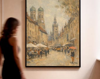 Arte mural vintage de mercado europeo, decoración de sala de estar en tonos neutros y cálidos, impresión de Múnich, Alemania (descarga digital)