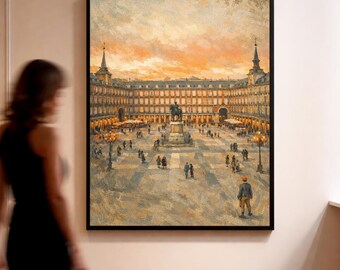 Arte mural vintage de mercado europeo, decoración para sala de estar en tonos neutros y cálidos, impresión de Madrid, España - Descarga digital
