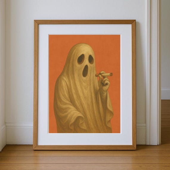 Ghost Smoking a Cigarette Wall Art, Vintage Retro Halloween Room Decor,  Whimsical Spooky Poster - Digital Download