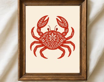 Arte mural de cangrejos, decoración nórdica, dibujo de cangrejos en la cocina (descarga digital)