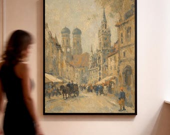 Arte mural vintage de mercado europeo, decoración de sala de estar en tonos neutros y cálidos, impresión de Múnich, Alemania (descarga digital)