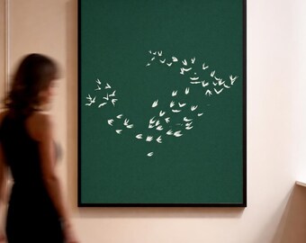 Arte mural de pájaros, arte verde esmeralda para sala de estar, impresión abstracta - Descarga digital