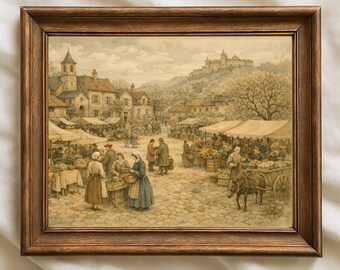 Arte mural vintage de mercado europeo, decoración de sala de estar en tonos neutros y cálidos, impresión urbana - Descarga digital