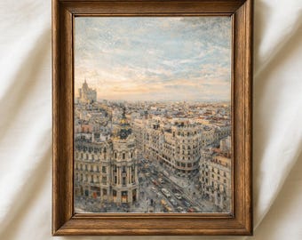 Arte mural vintage de mercado europeo, decoración para sala de estar en tonos neutros y cálidos, impresión de Madrid, España - Descarga digital