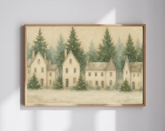 Arte navideño, pintura de invierno, decoración festiva, lámina vintage, póster de pueblo europeo, arte mural de temporada - Descarga digital