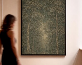 Arte de pared vintage, decoración para sala de estar en verde esmeralda neutro, impresión de bosque - Descarga digital