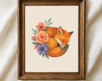 Arte mural de zorro, decoración rústica y melancólica, acuarela otoñal - Descarga digital