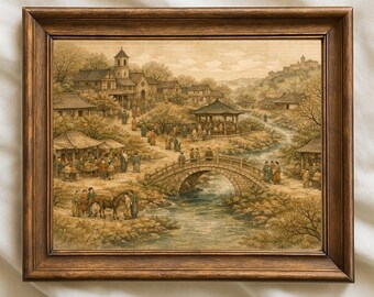 Arte mural vintage de mercado asiático, arte para sala de estar en tonos neutros y cálidos, impresión urbana - Descarga digital