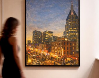 Arte mural de Nashville, Tennessee, decoración de sala con música en vivo de vaqueros retro vintage, póster de ciudad country western - Descarga digital