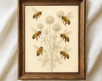 Ilustración vintage de abejas, decoración botánica de insectos, impresión de entomología antigua, póster retro de abejorros, arte mural de abejas