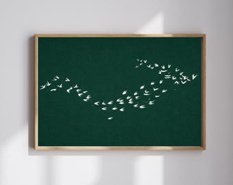 Arte mural de pájaros, arte verde esmeralda para sala de estar, impresión abstracta - Descarga digital